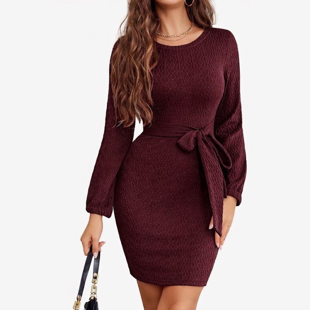 Dressystar Women’s Long Sleeve Crewneck Ribbed Knit Dress with Tie Waist
